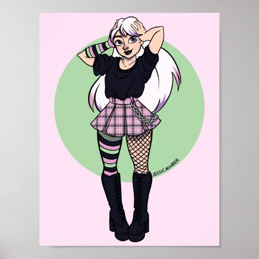 Cute Teen Punk Girl Pink Green Manga Illustratie Poster (Voorkant)