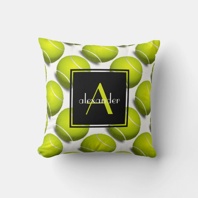 Cute Tennis Balls w Initiaal & Name, Gepersonalise Kussen (Voorkant)