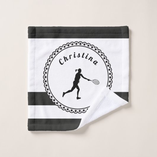 Cute Tennis Girl Black & White Persoonlijke speler Bad Handdoek (Wasdoekje)