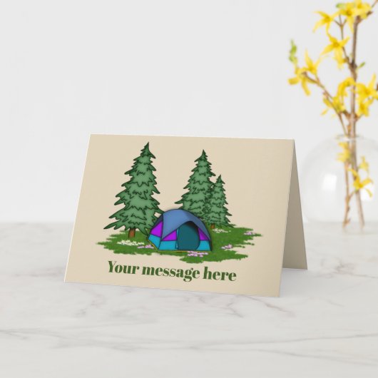 Cute tent camping add message card kaart (Gele Bloem)