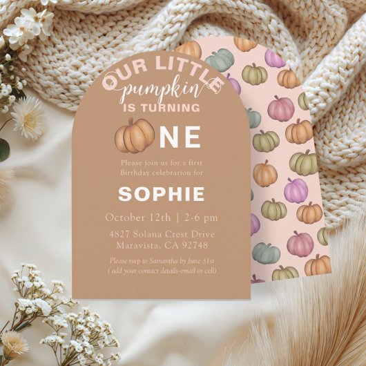 Cute Terracotta Pumpkin First Birthday Invitation Kaart