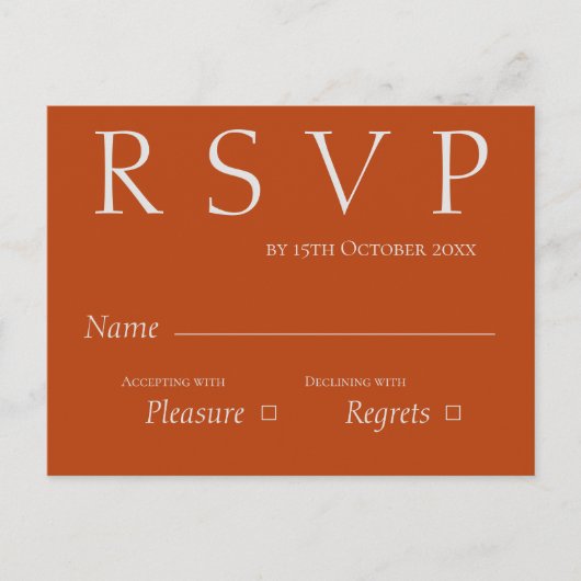 Cute Terracotta Rust and White Wedding RSVP Briefkaart (Voorkant)
