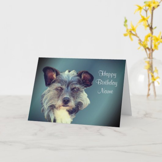 Cute Terrier Mix Mutt Personalized Birthday Kaart (Gele Bloem)