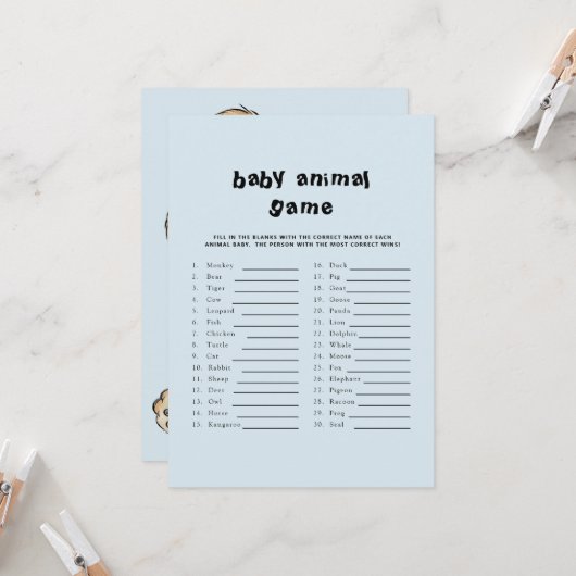 Cute Text Baby shower Baby Animal Game Blue Kaart (Voorkant / Achterkant in situ)