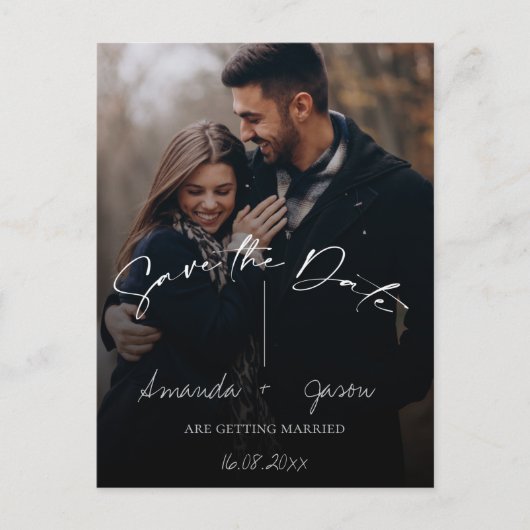 Cute Text Overlay Monogram Two Photo Weddenschap Aankondigingskaart (Voorkant)