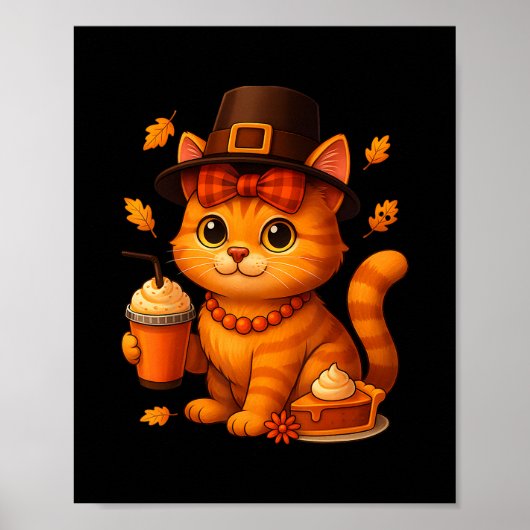 Cute Thanksgiving Cat Fall Pumpkin Pie Latte Autum Poster (Voorkant)