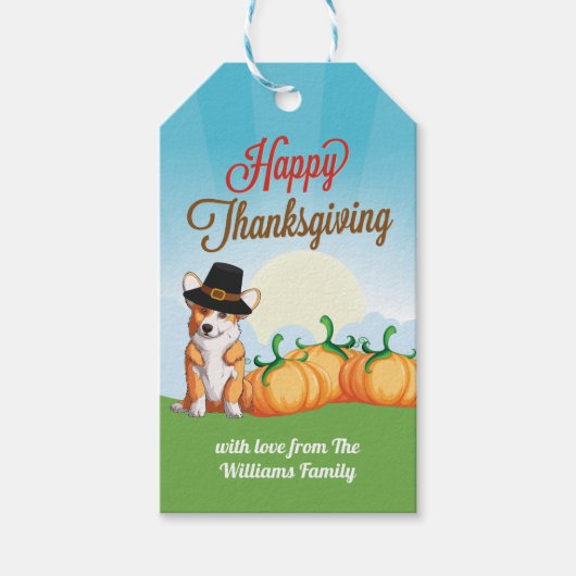 Cute Thanksgiving Corgi in Pilgrim Pet Custom Cadeaulabel (Voorkant)