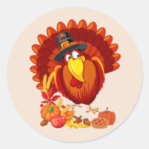 Cute Thanksgiving Turkey and Autumn Harvest Ronde Sticker