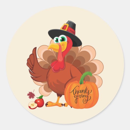 Cute Thanksgiving Turkey and Pumpkin Harvest Ronde Sticker (Voorkant)