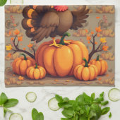 Cute Thanksgiving Turkey Autumn Pumpkins Scene Theedoek (Gevouwen)