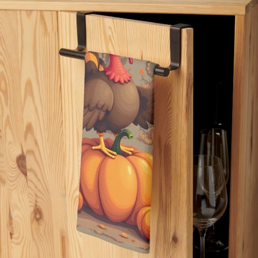 Cute Thanksgiving Turkey Autumn Pumpkins Scene Theedoek (Derde Gevouwen)