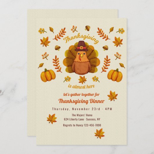 Cute Thanksgiving Turkey Invitation Kaart (Voorkant / Achterkant)