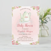 Cute theepot bloemen babyshower uitnodiging (Staand voorkant)