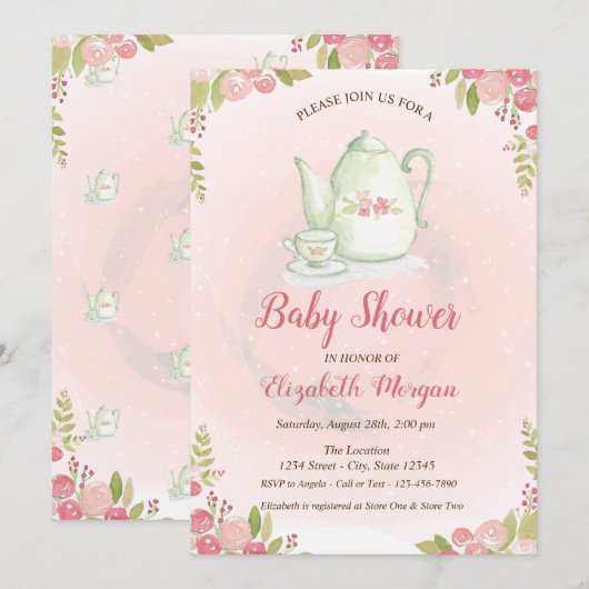 Cute theepot bloemen babyshower uitnodiging (Voorkant / Achterkant)