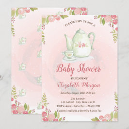 Cute theepot bloemen babyshower uitnodiging