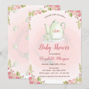 Cute theepot bloemen babyshower uitnodiging