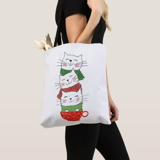 Cute Three Cats Cup Scarves Holiday Funny Tote Bag (Dichtbij)