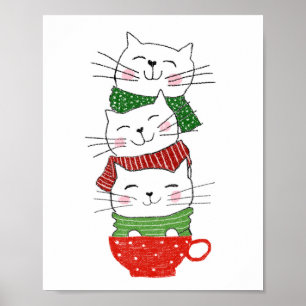 Cute Three Cats Stapked Cup Holiday Scarves Funny Poster