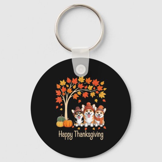 Cute Three Corgi Dogs Pumpkins Fall Tree Happy Tha Sleutelhanger (Voorkant)