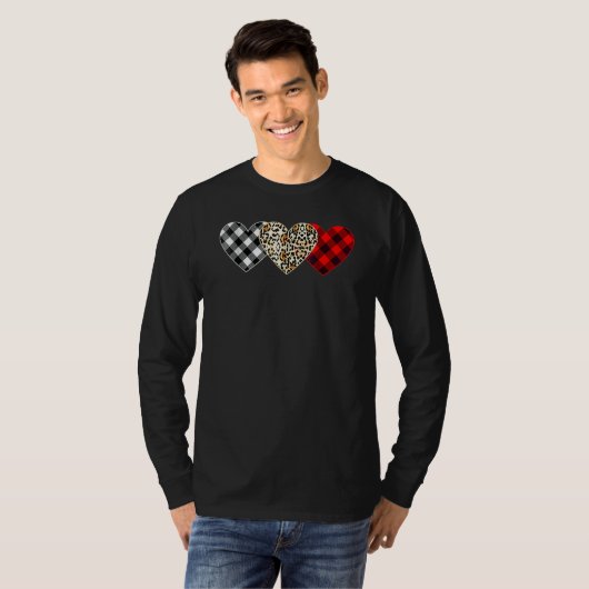 Cute Three Heart Leopard Buffalo Red Black Plaid V T-shirt (Voorkant volledig)