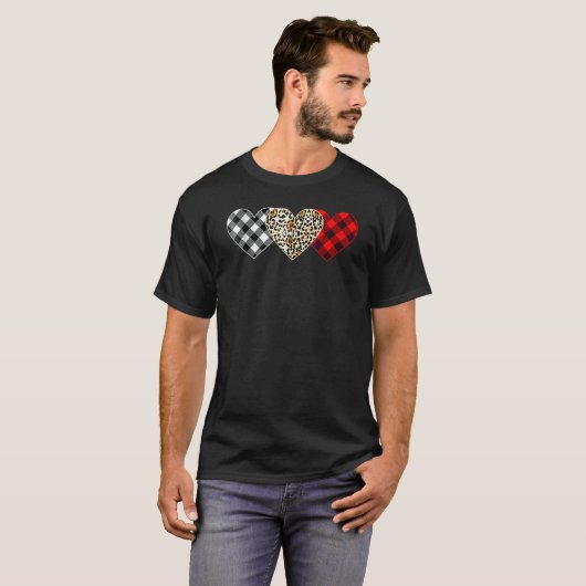 Cute Three Heart Leopard Buffalo Red Black Plaid V T-shirt (Voorkant volledig)