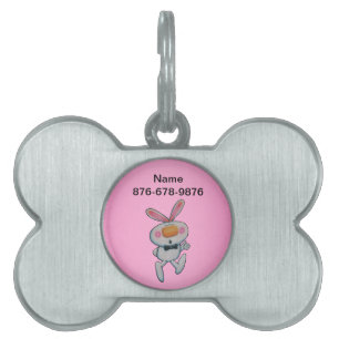 Cute Thumbs Up White Bunny Black Bow Stropdas Roze Huisdieren Naamplaatje