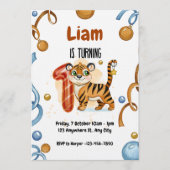 Cute Tiger 1st Birthday Party Invitation Kaart (Voorkant)