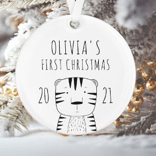 Cute Tiger Babys First KerstBlack White Ornament