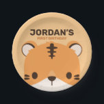 Cute Tiger Birthday Papieren Bordje<br><div class="desc">Een schattig ontwerp om je dag op te helderen. Dit ontwerp bevat een leuke illustratie van de tijgercartoon met een gepersonaliseerde naam in de bruine moderne sans serif lettertype stijl op de oranje pastelachtergrond. Perfecte verjaardagsbenodigdheden voor kinderen.</div>