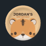 Cute Tiger Birthday Papieren Bordje<br><div class="desc">Een schattig ontwerp om je dag op te helderen. Dit ontwerp bevat een leuke illustratie van de tijgercartoon met een gepersonaliseerde naam in de bruine moderne sans serif lettertype stijl op de oranje pastelachtergrond. Perfecte verjaardagsbenodigdheden voor kinderen.</div>