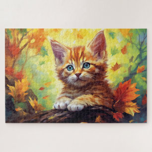 Cute Tiger Cat Oranje herfst laat Waterverf Legpuzzel