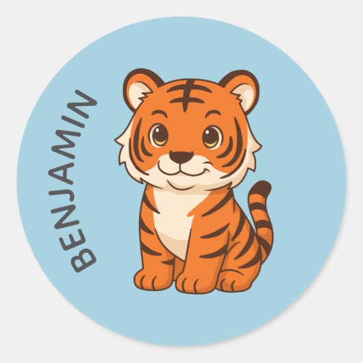Cute Tiger Cub Custom Name Blue Ronde Sticker (Voorkant)