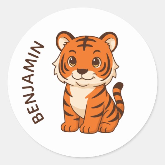 Cute Tiger Cub Custom Name Ronde Sticker (Voorkant)