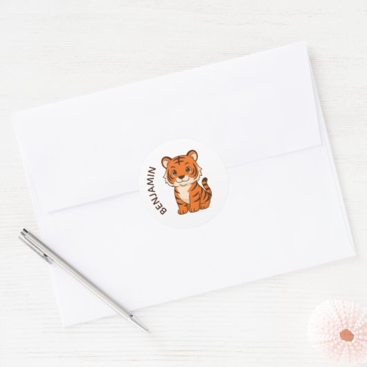 Cute Tiger Cub Custom Name Ronde Sticker (Envelop)