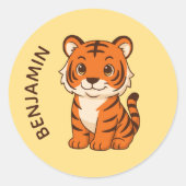 Cute Tiger Cub Custom Name Yellow Ronde Sticker (Voorkant)