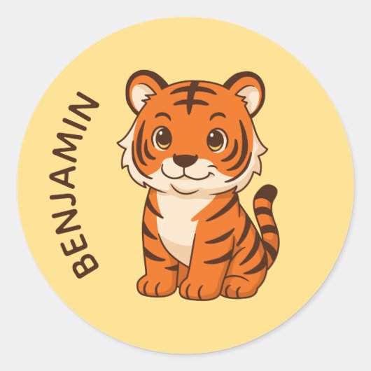 Cute Tiger Cub Custom Name Yellow Ronde Sticker (Voorkant)