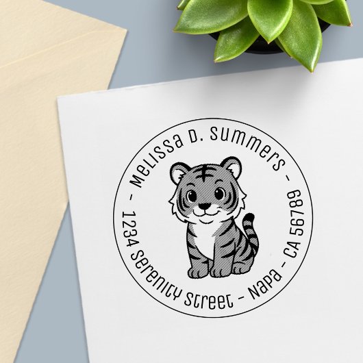 Cute Tiger Cub Round Address Zelfinktende Stempel