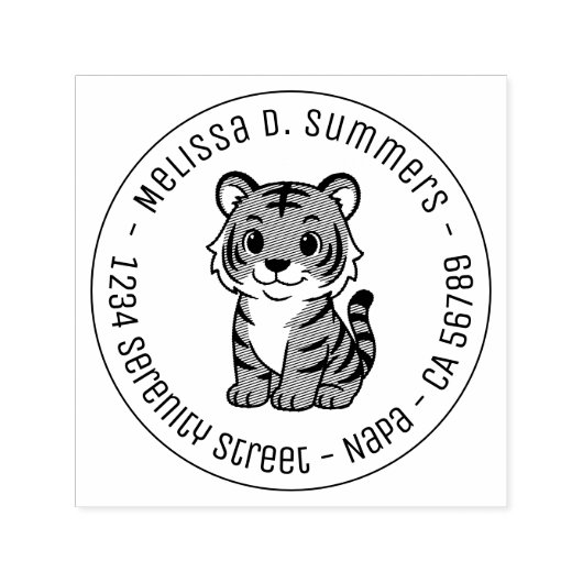 Cute Tiger Cub Round Address Zelfinktende Stempel (Design)