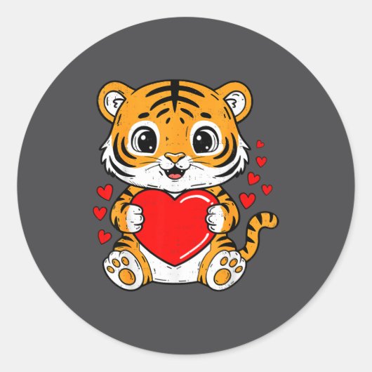 Cute Tiger Holding Heart Kawaii Valentines Day Men Ronde Sticker (Voorkant)