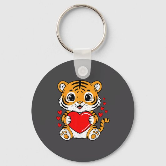 Cute Tiger Holding Heart Kawaii Valentines Day Men Sleutelhanger (Voorkant)
