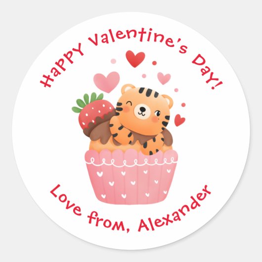 Cute Tiger in Cupcake Aangepaste Kinder Valentijns Ronde Sticker (Voorkant)