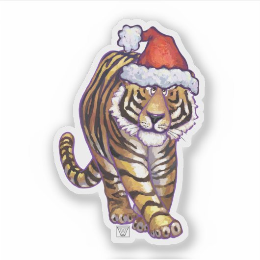 Cute Tiger in een Santa Hat Sticker (Voorkant)
