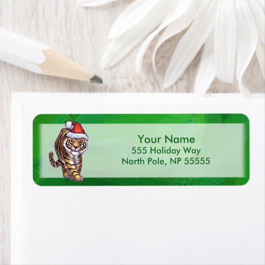 Cute Tiger in Santa Hat op Green Etiket (Insitu)