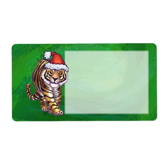 Cute Tiger in Santa Hat op Green Etiket (Voorkant)