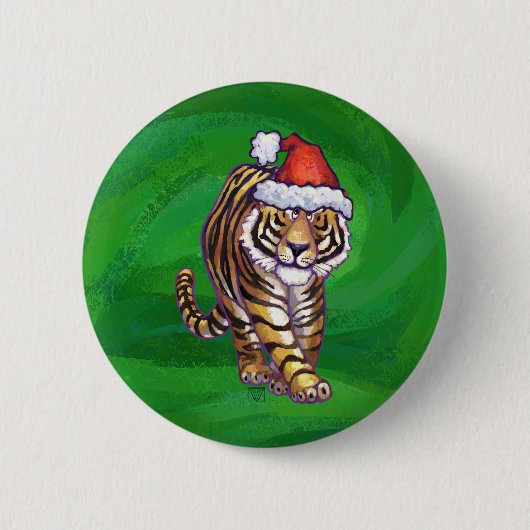 Cute Tiger in Santa Hat op Green Ronde Button 5,7 Cm (Voorkant)