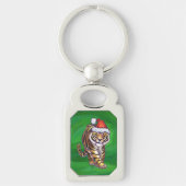 Cute Tiger in Santa Hat op Green Sleutelhanger (Voorkant)