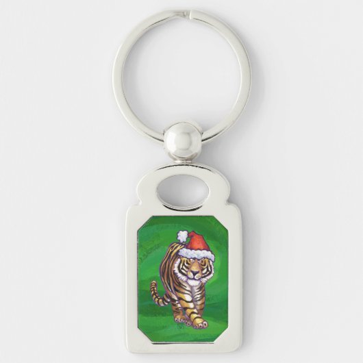 Cute Tiger in Santa Hat op Green Sleutelhanger (Voorkant)
