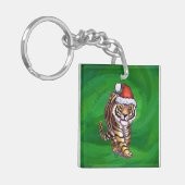 Cute Tiger in Santa Hat op Green Sleutelhanger (Voorkant Links)