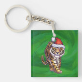 Cute Tiger in Santa Hat op Green Sleutelhanger (Voorkant)