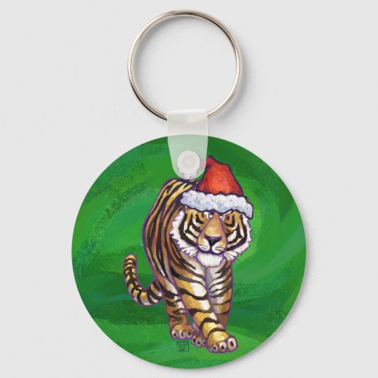Cute Tiger in Santa Hat op Green Sleutelhanger (Voorkant)
